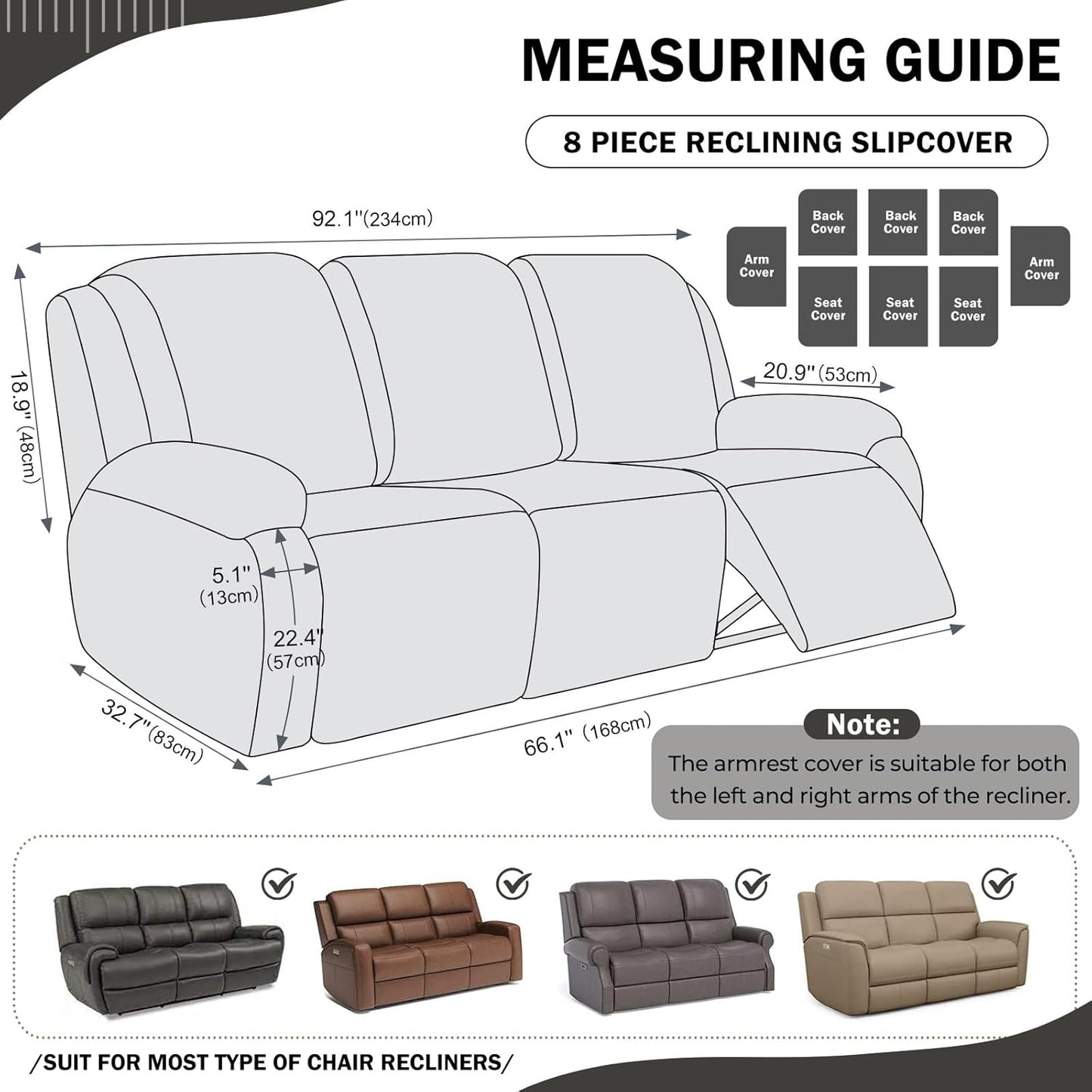 vctops 8 Pieces Geometric Jacquard Plush Recliner Sofa Covers Soft Fuzzy Fluffy 3 Seats Couch Cover Anti-Slip Sofa Slipcover Furniture Protector with Elastic Bottom for Kids Pet(Dark Grey,3 Seat)