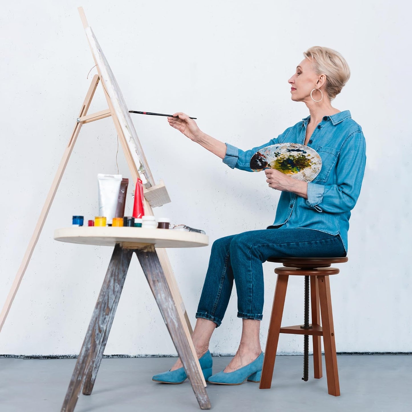 VISWIN Adjustable Drafting Stool for Artists & Adults, 19"-26" Height Solid Beech Wood Art Stool for Studio, Swivel Drafting Chair for Drawing, Home Use, Office, Kitchen