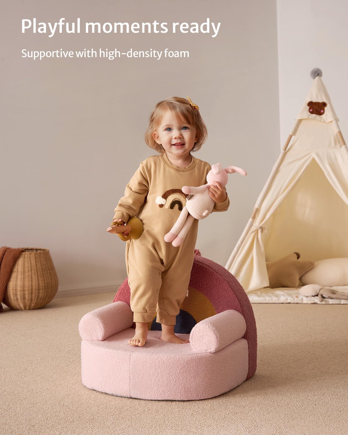 Blissful Diary Toddler Chair Comfy, Foam Kids Chair with Soft Teddy Plush, Toddler Reading Chair with Cute Arclet Designs- Blush Pink