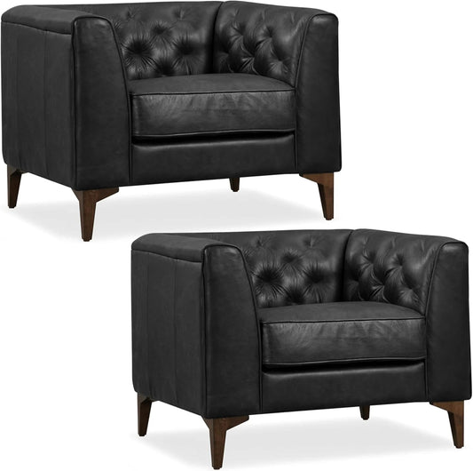 Poly & Bark Essex Lounge Chair - Leather Chair with Tufted Back - Full-Grain Living Room Armchair with Feather-Down Topper - Vintage Italian Leather in Midnight Black - Set of 2