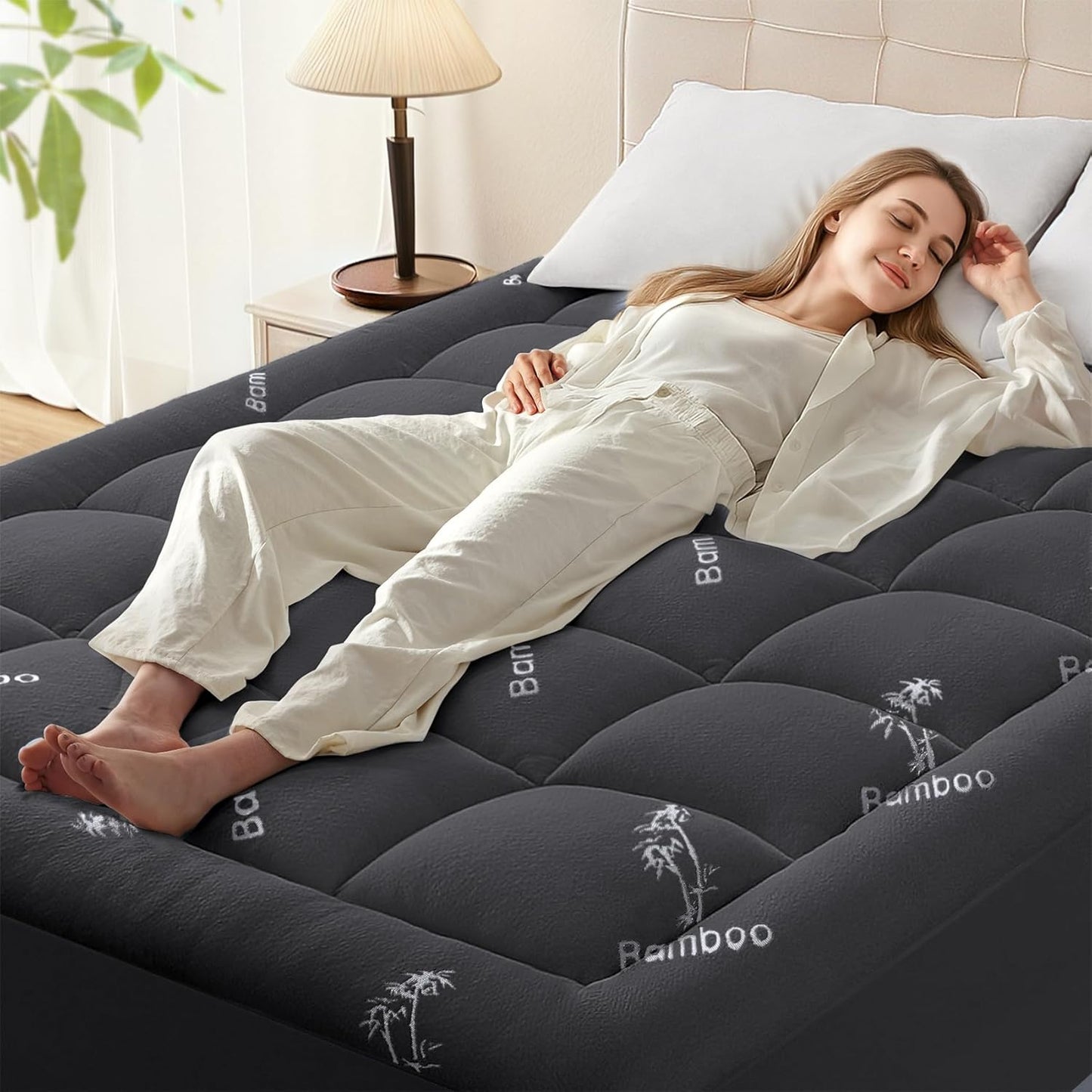 Anluoer Memory Foam Mattress Topper King for Back Pain, Rayon Derived from Bamboo Pillow Top Mattress Topper for Hot Sleepers,Cooling Mattress Pad with 8-21" Deep Pocket, 78x80 Inches, Dark Grey