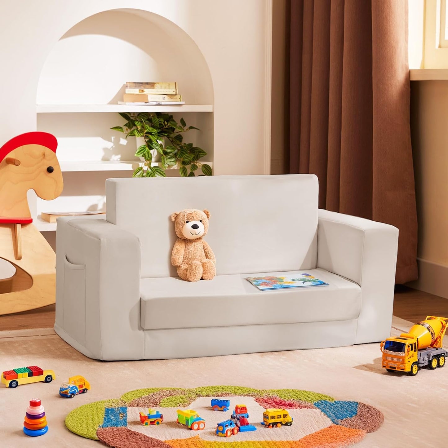 Kids Couch, 2-in-1 Toddler Chair Comfy 1-3 Years, Convertible Kids Chair, Toddler Couch That Fold Out, Kid Lounge Chairs for Boys and Girls, Soft Coral Fleece, Double, Beige