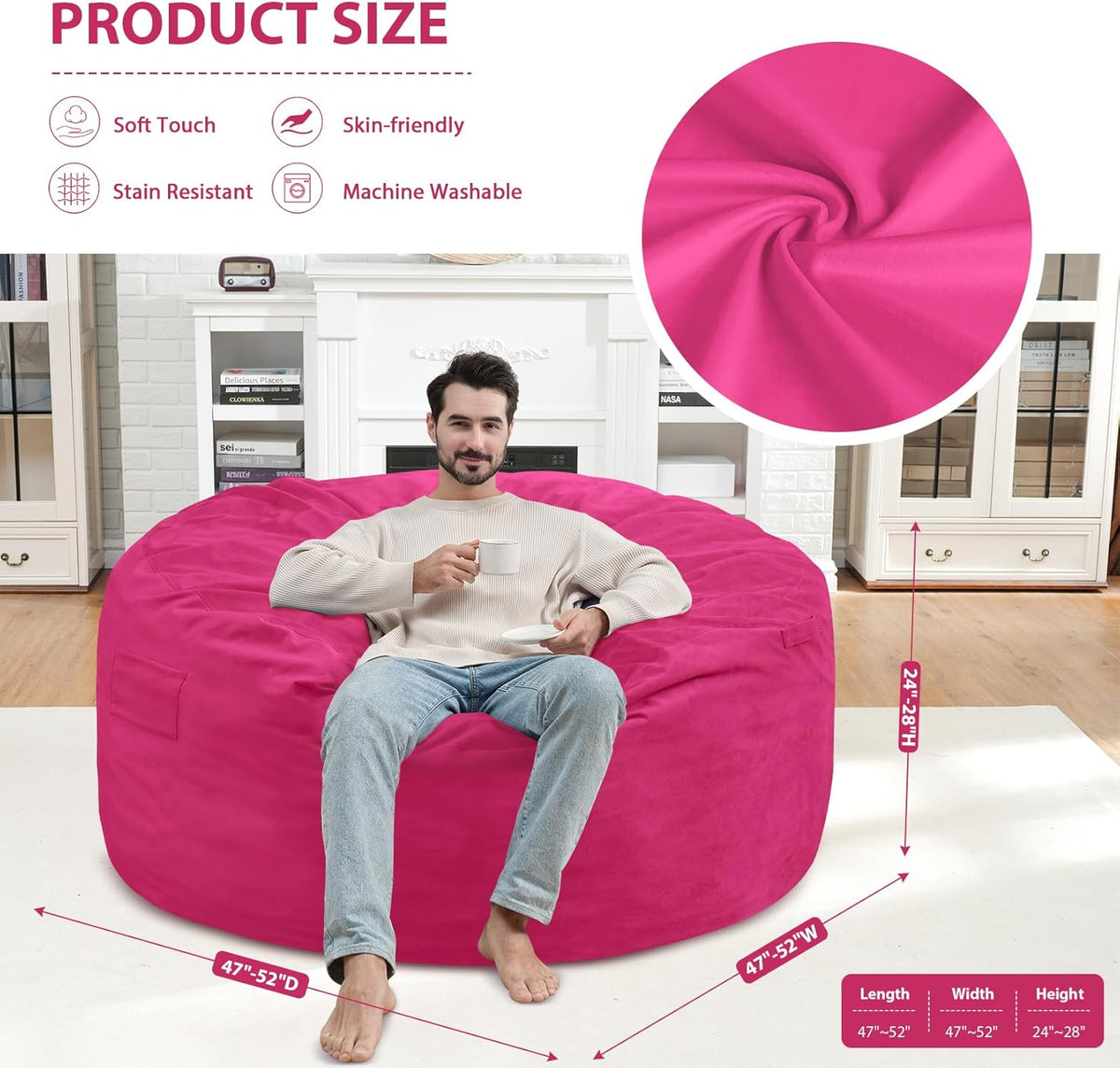 5FT Bean Bag Chair, Large Bean Bag Chairs with Memory Foam Filled, Fluffy Beanbag Sofa with Dutch Velvet Cover, Round BeanBag Chairs for Living Room, Playroom - Pink