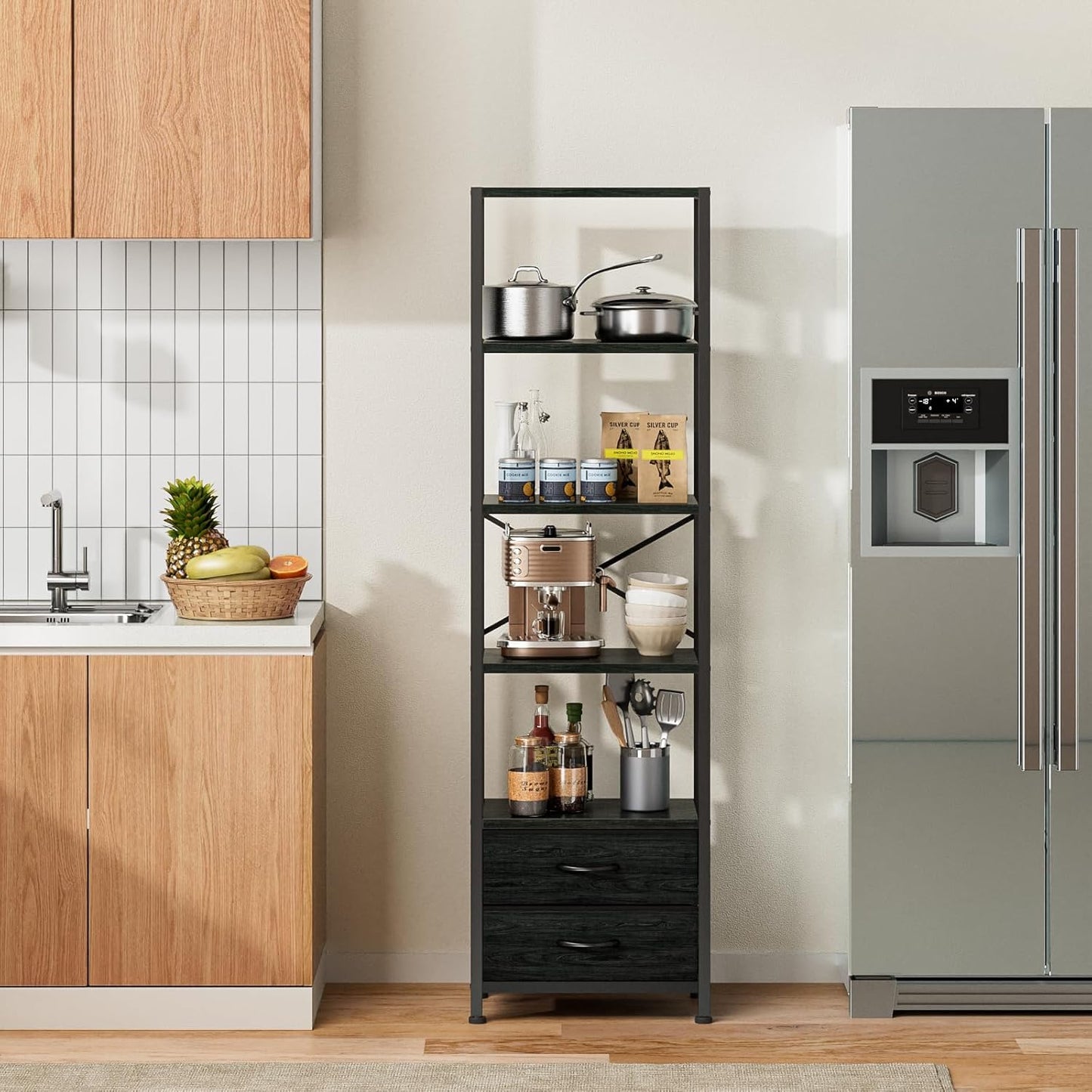 Furnulem 5-Tier Corner Shelf, Narrow Bookshelf with 2 Storage Drawers, 65.16" Tall Bookcase, Standing Shelf Organizer Unit for Living Room, Bedroom, Metal Frame, Wood Display Shelf(Black Oak)