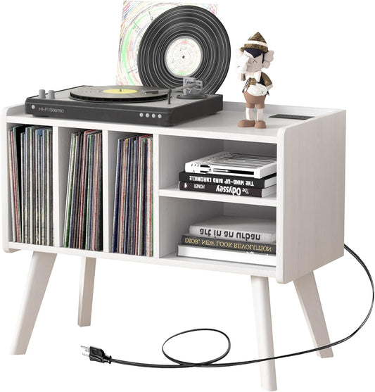 Forevich Record Player Stand Table with Vinyl Storage Holder Large Turntable Record Stand with Power Outlet Holds Up to 220 Albums Display Shelf Cabinet with Wood Legs for Living Room White
