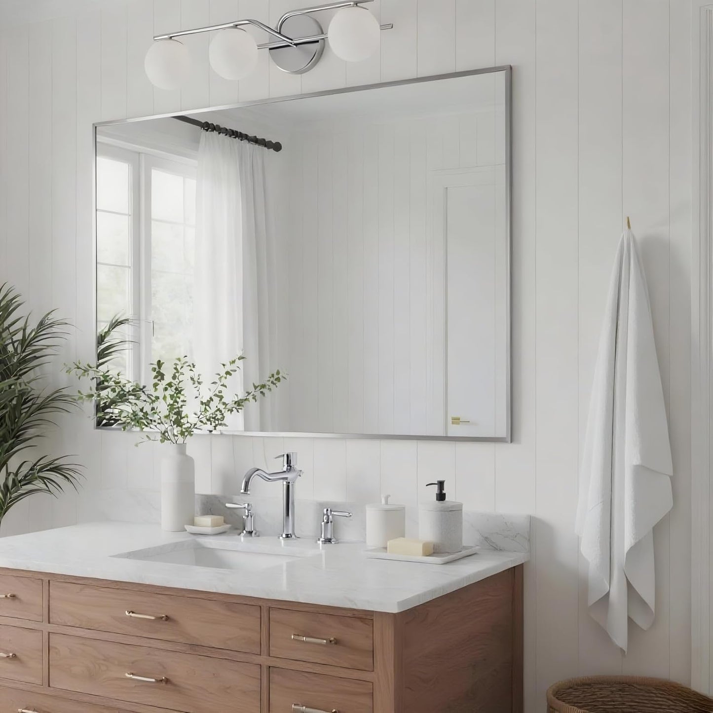 27x36 Inch Nickel Bathroom Mirror for Wall, Aluminum Frame Rectangle Rectangular Vanity Mirror, Modern Large for Bedroom, Living Room, Horizontal or Vertical