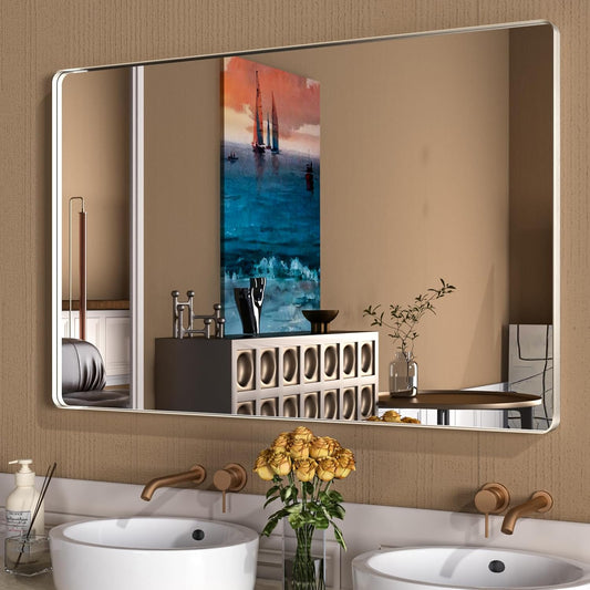 WEER 55X30 Inch Brushed Nickel Bathroom Mirror, Brushed Silver Metal Frame Mirror, Rounded Rectangle Silver Bathroom Vanity Mirror, Tempered Glass, Anti-Rust, Hangs Horizontally or Vertically