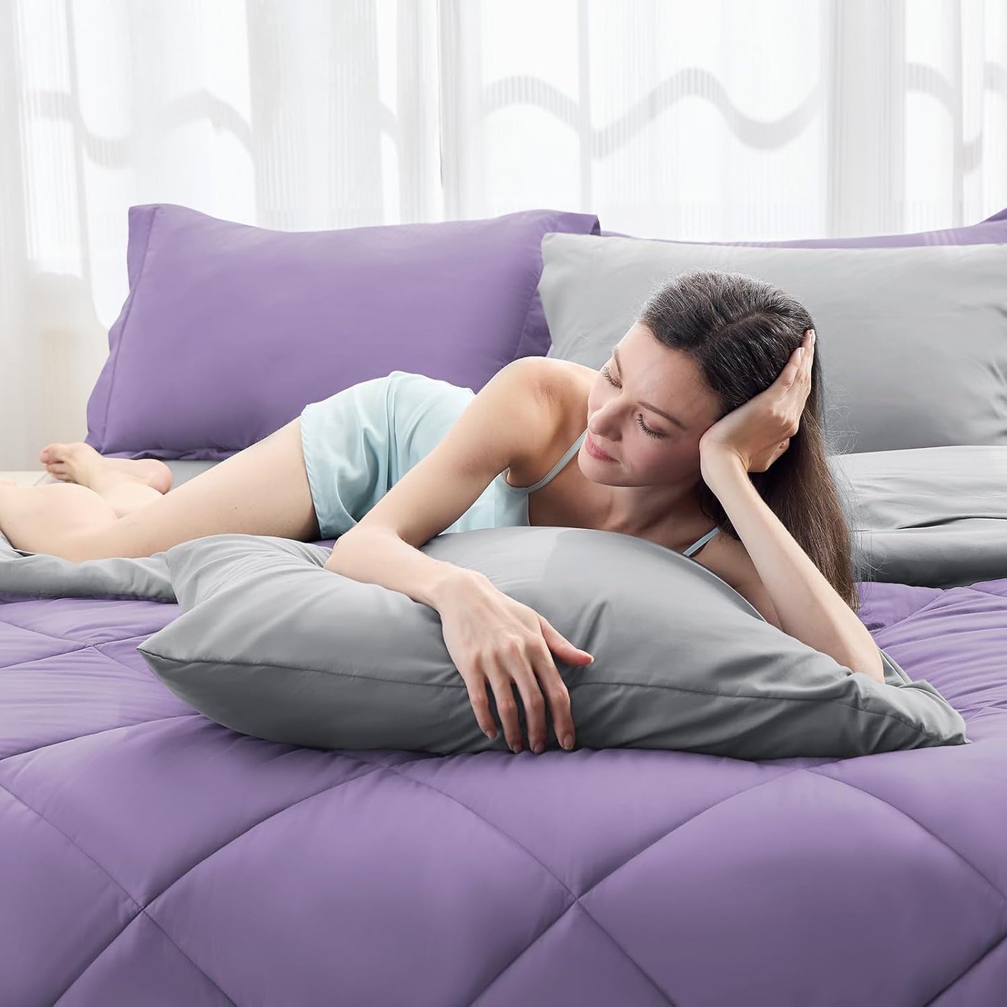 HEVUMYI Queen Comforter Set - 7-Piece All Season Bed in a Bag Queen, Ultra Soft Bedding Set with Comforter, Flat Sheet, Fitted Sheet, Pillowcases, Pillow Shams, Purple & Light Grey