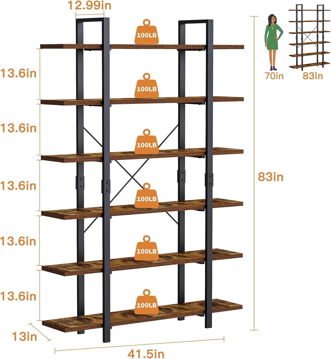 FRAPOW Bookshelf, 6 Tier Book Shelf 83Inch Tall Bookcase, Industrial Large Bookshelves Rustic Book Case with Open Metal Frame for Office, Bedroom, Farmhouse, Living Room