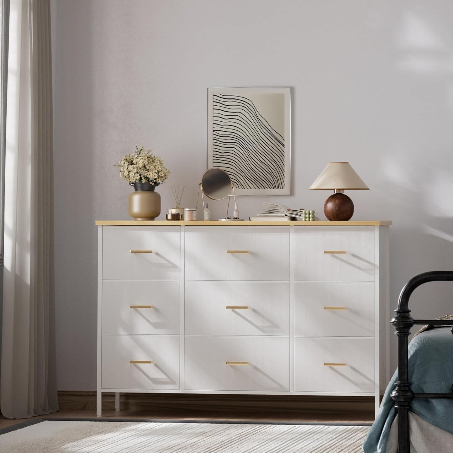 Wide TV Stand Modern TV Console, 9 Drawers Dresser for Bedroom, Fabric Storage Cabinet, Chest of Drawers for Closet, Nursery, Living Room（White）