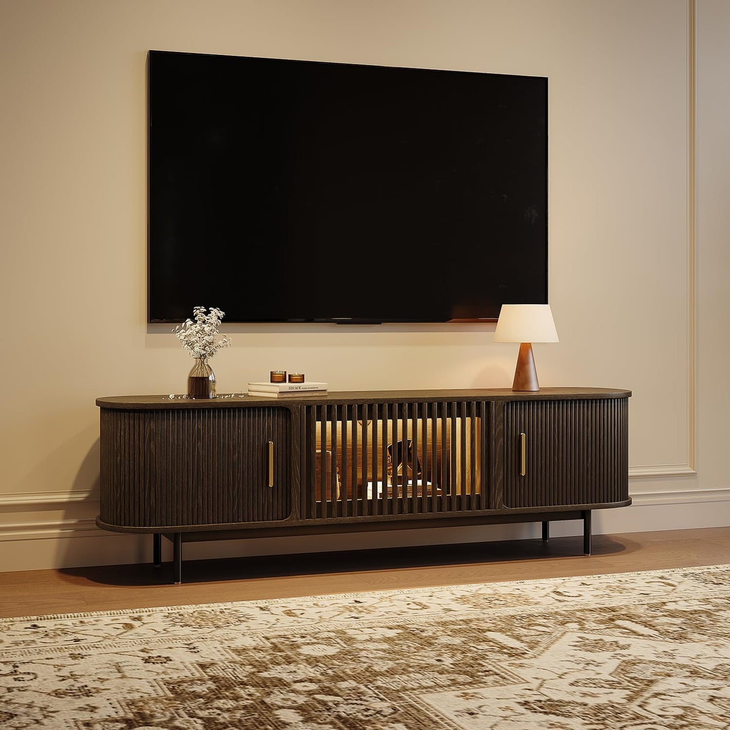 POVISON Sliding Tambour Door TV Stand with LED Lights, Mid Century Modern TV Console, Wood Media Console, Entertainment Center with Storage Cabinet, Fully-Assembled (Black, 70.87")