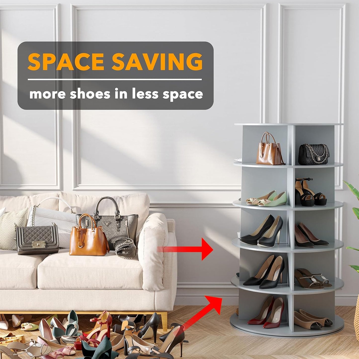 SpaceAid 5 Tier Rotating Shoe Rack Tower, Spinning Shoe Display Lazy Susan, Revolving 360 Shoe Rack Storage Round Carousel, Vertical Handbag Rotate Shoes Closet Organization (5-Tier Gray)