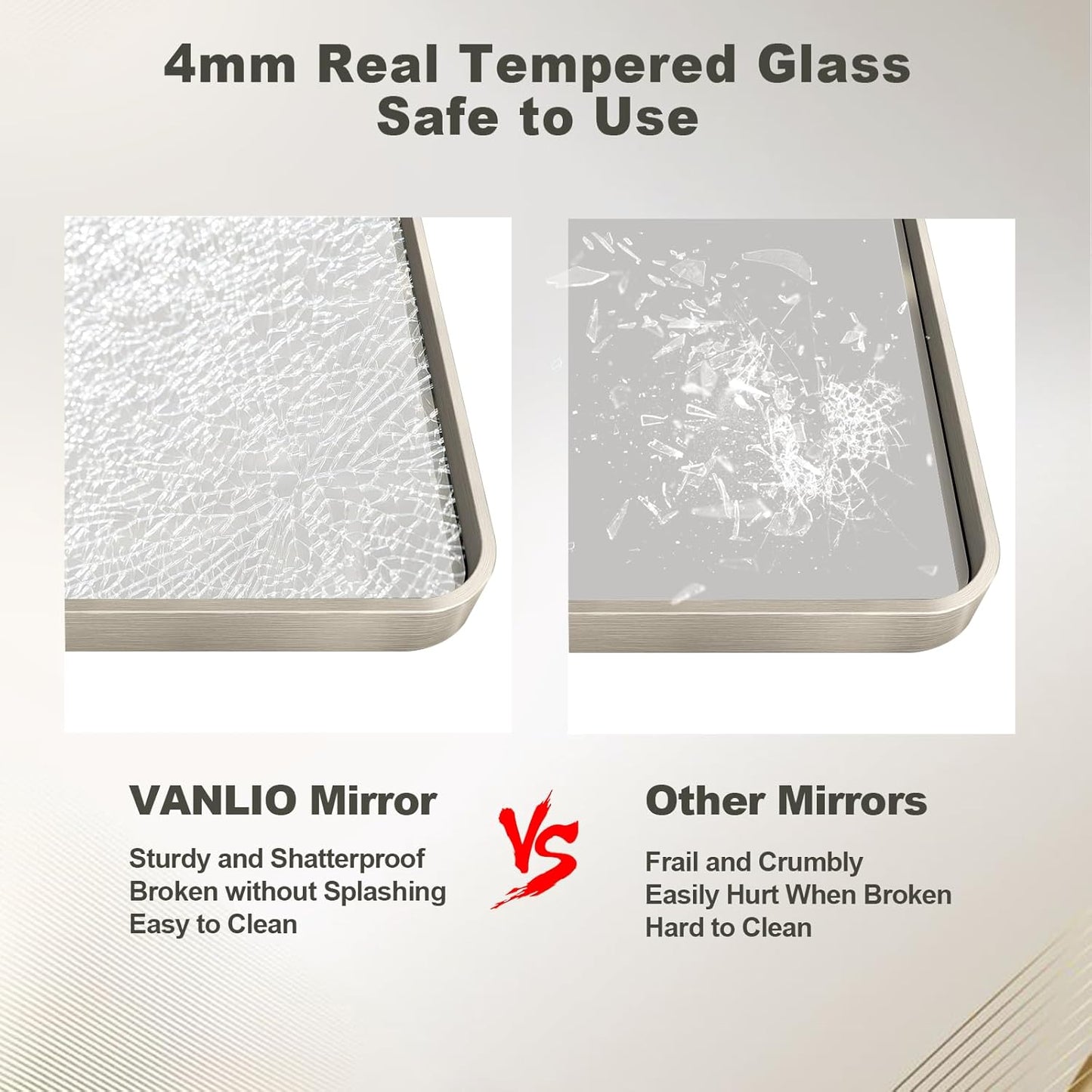 48x36 Inch Brushed Nickel Bathroom Mirror, Brushed Silver Metal Framed Wall Mirror, Rounded Corner Rectangle Modern Vanity Mirror, Tempered Glass, Anti-Rust, Shatterproof (Horizontal/Vertical)