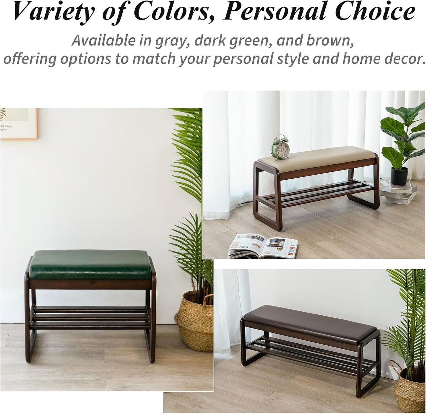 Shoe Bench, Entryway Bench with Leather Cushion, Solid Wood Shoe Rack, Mid Century Modern Bench, Shoe Storage, Shoe Organizer for Entryway (Grey, 39.4" W)