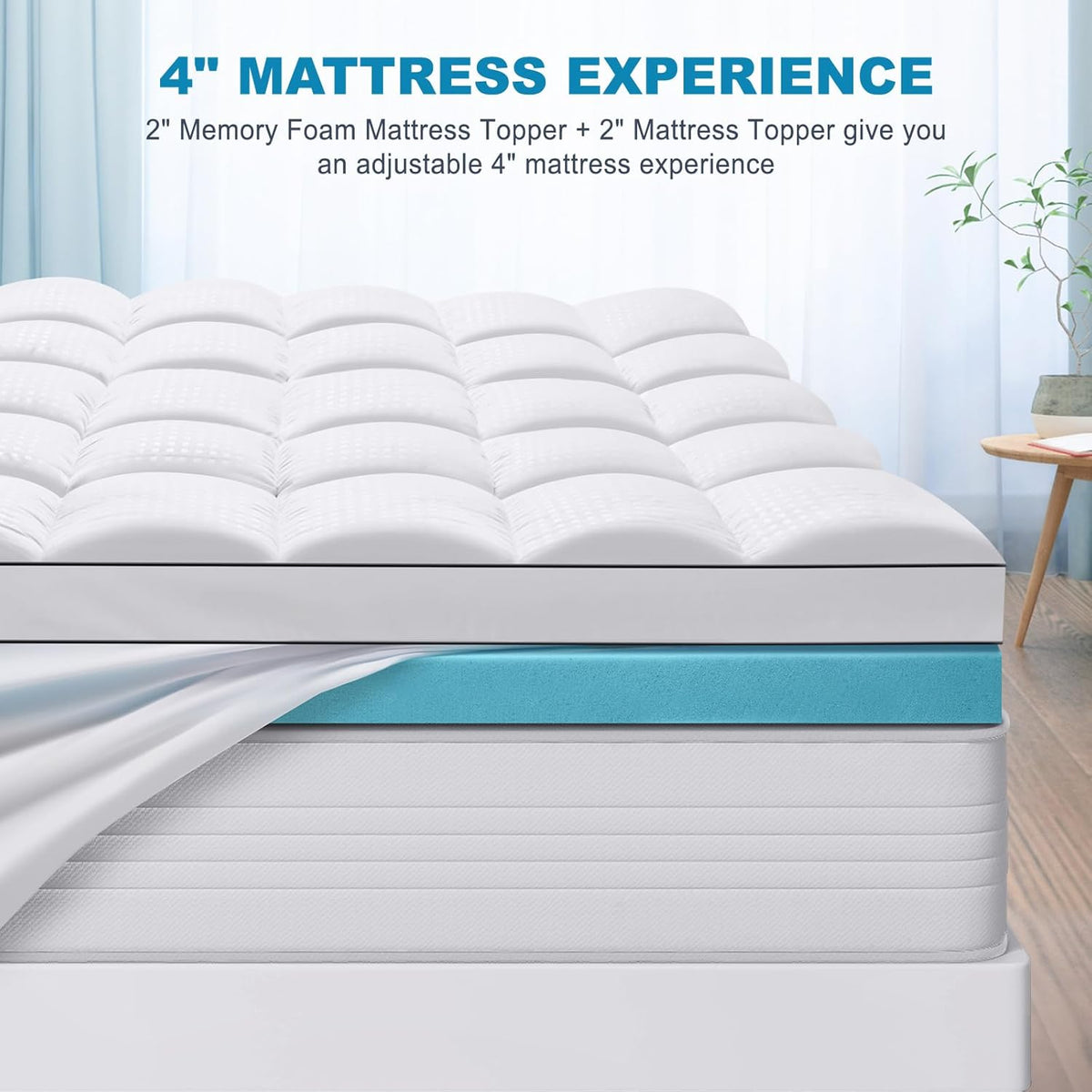 MASVIS California King Size Dual Layer 4 Inch Memory Foam Mattress Topper, 2 Inch Gel Memory Foam and 2 Inch Cooling Pillow Top Mattress Pad Cover for Back Pain, Medium Support