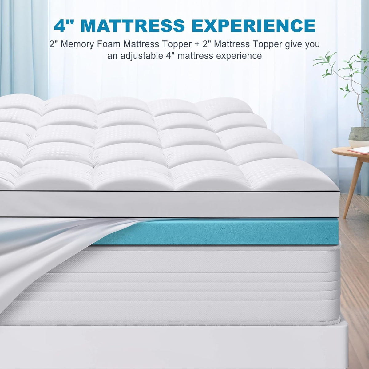 MASVIS Twin Size Dual Layer 4 Inch Memory Foam Mattress Topper, 2 Inch Gel Memory Foam and 2 Inch Cooling Pillow Top Mattress Pad Cover for Back Pain, Medium Support