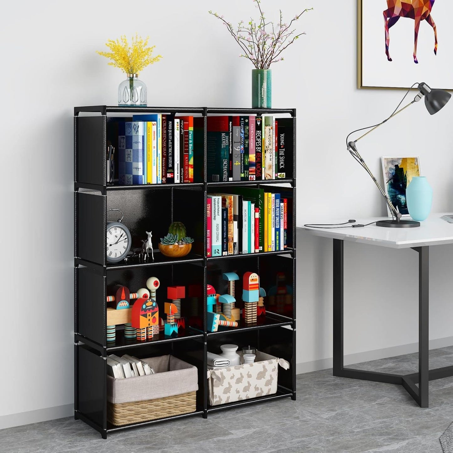 JIUYOTREE 5-Tiers Portable Bookshelf with Fabric Cloth at Back, 8 Cube Closet Storage Organizer Bookcase, Living Room,Study Room,Bedroom, Black