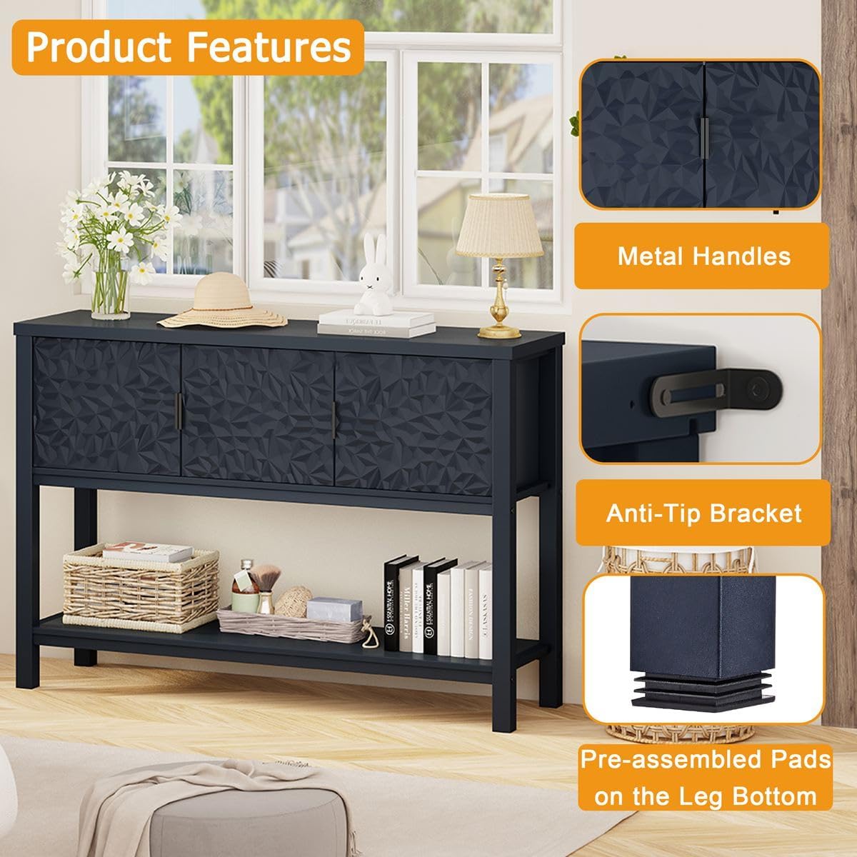FATORRI Console Table for Entryway, Modern Sofa Table with Storage, Entry Tables with Shelf for Living Room Hallway (47.24 Inch Wide, Navy Blue)