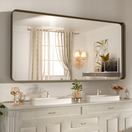 WEER 60x36 Inch Bronze Bathroom Mirror for Vanity, Brushed Bronze Metal Frame Mirror for Wall, Rounded Rectangle Bronze Frame Mirror with Tempered Glass, Anti-Rust (Horizontal/Vertical)