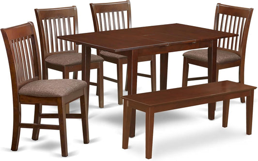 East West Furniture PSNO6C-MAH-C 6 Piece Dining Room Set Contains a Rectangle Kitchen Table with Butterfly Leaf and 4 Linen Fabric Dining Chairs with a Bench, 32x60 Inch, Mahogany