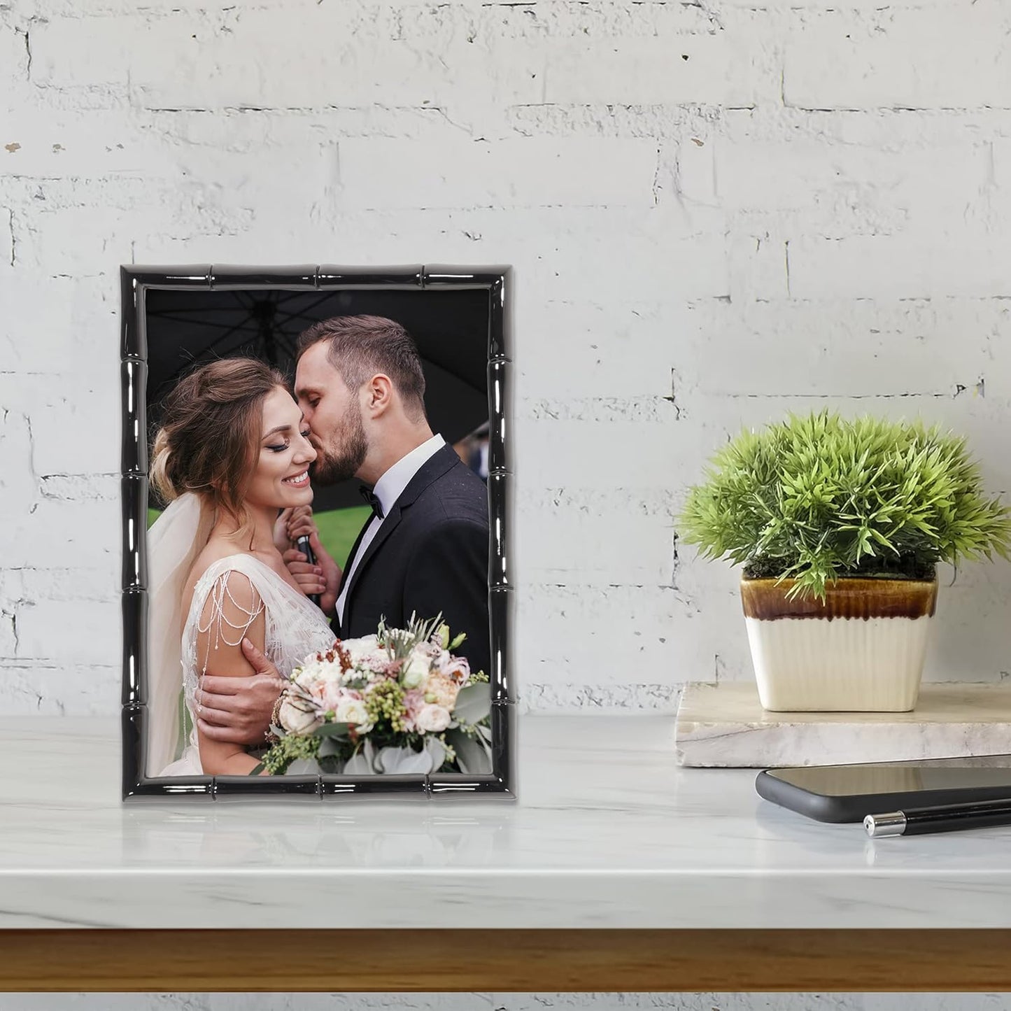Lawrence Frames 5x7 Black Polished Metal Picture Frame with Bamboo Design