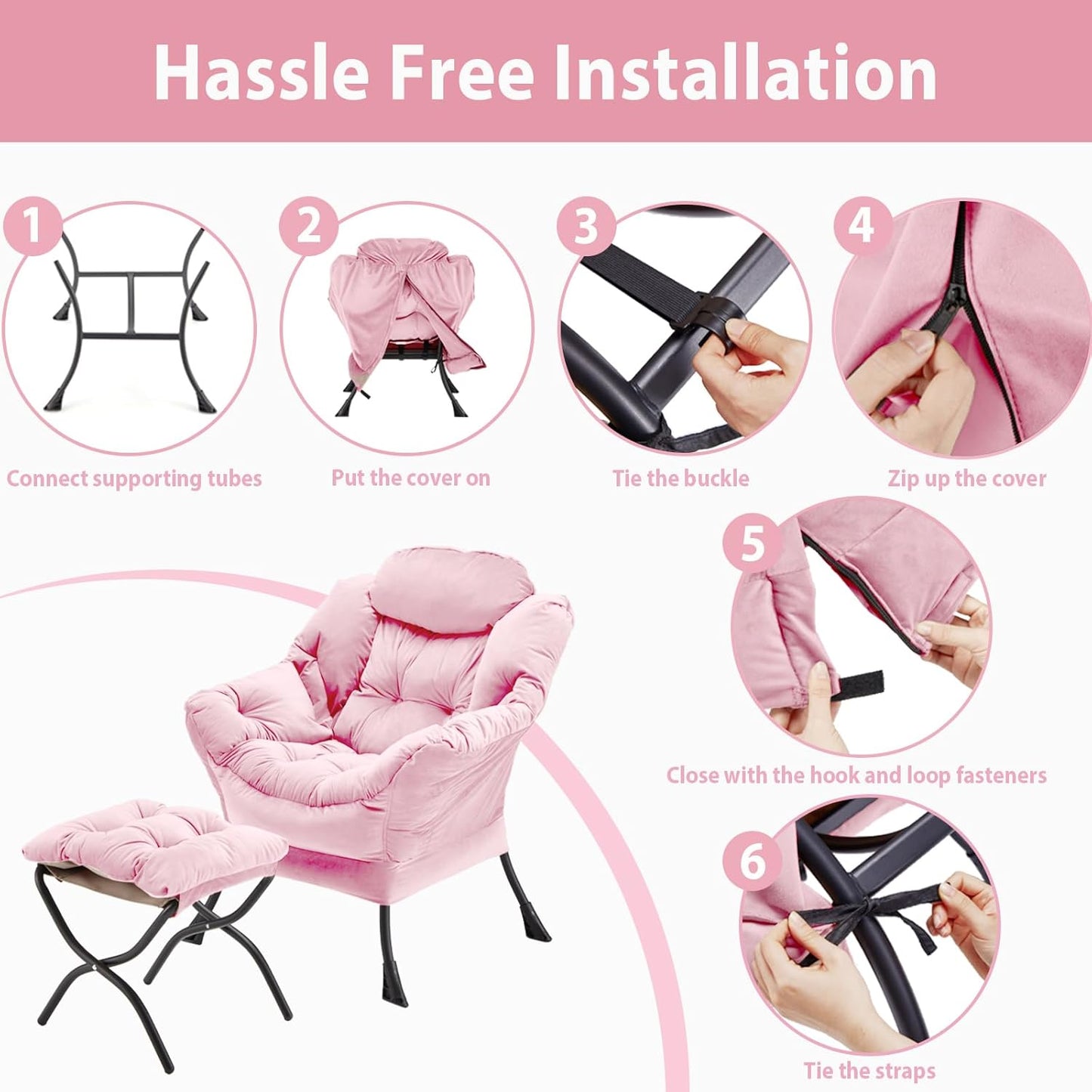 Lazy Chair with Folding Ottoman, Accent Chair Velvet Upholstered with Metal Structure and Non-Slip Pads, Sofa Armchair with Footrest and Side Storage Bag for Dorm, Room, Office, Pink