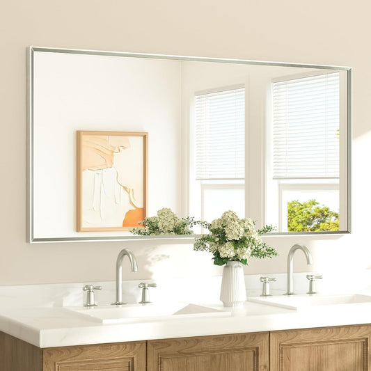 TETOTE Brushed Nickel Vanity Mirror for Bathroom 60" x 30" Beveled Frame Rectangle Bathroom Mirror for Over Sink Brushed Nickel, Tempered Glass, Stronger Frame, Modern Farmhouse Bedroom, Entryway