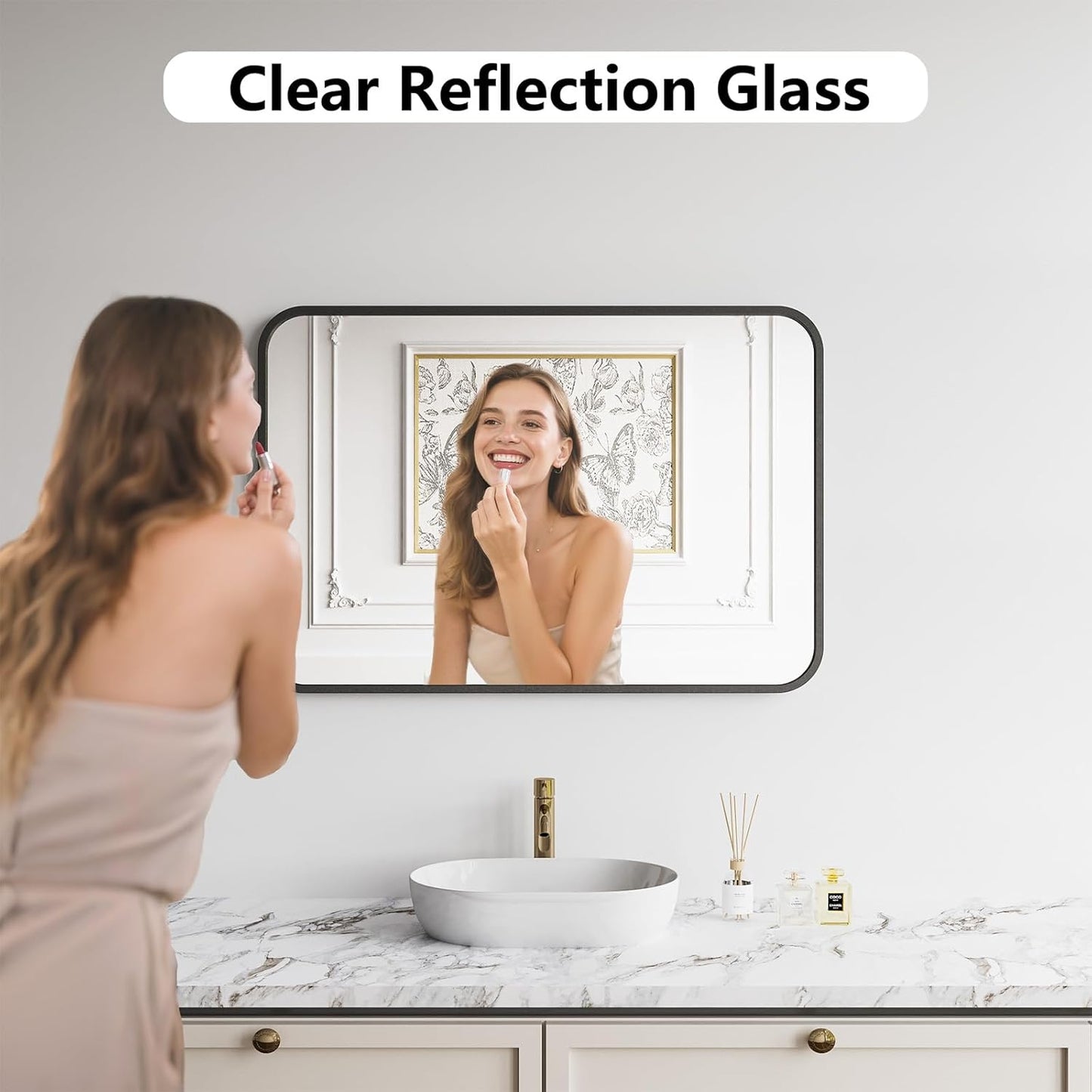 Bathroom Mirror, 26X38 Inch Black Metal Framed Mirror for Bathroom, Tempered Glass, Anti-Rust, Rounded Rectangle Mirror for Restroom, Bedroom, Black