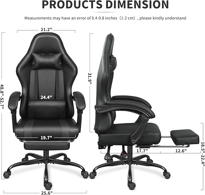 Gaming Chair with Footrest and Massage Lumbar Support, Height Adjustable Game Chair, Video Gaming Chair for Gaming Room, Living Room and Office - Black