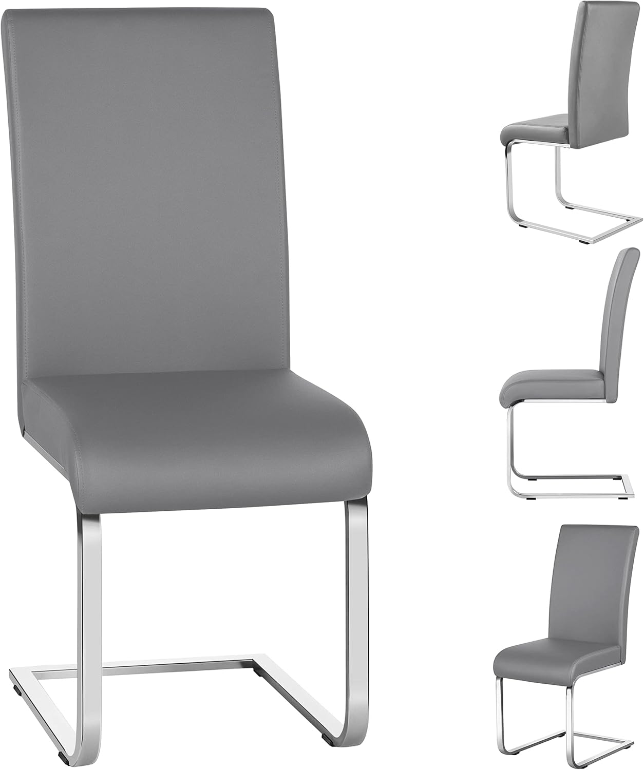 Yaheetech Dining Chairs Set of 4 Modern Faux Leather Upholstered Dining Room Chairs with High Back and Metal Chrome Legs for Kitchen/Living Room/Restaurant, Light Gray