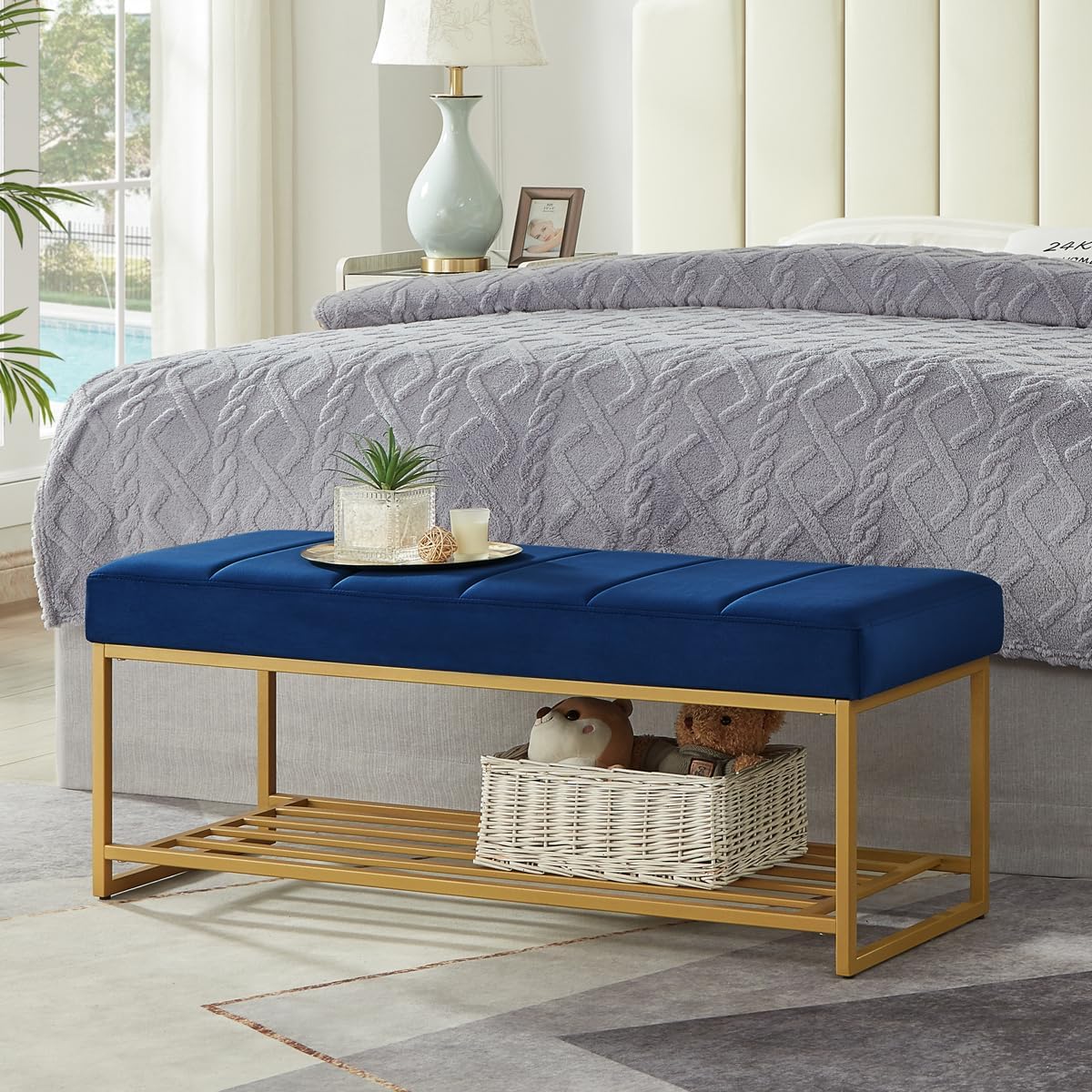 24KF Navy Velvet Upholstered End of Bed Bench with Metal Shelf, Modern Tufted Channel Entryway Bench Footboard Bench for Living Room, Bedroom, Gold Bench,5036-Navy