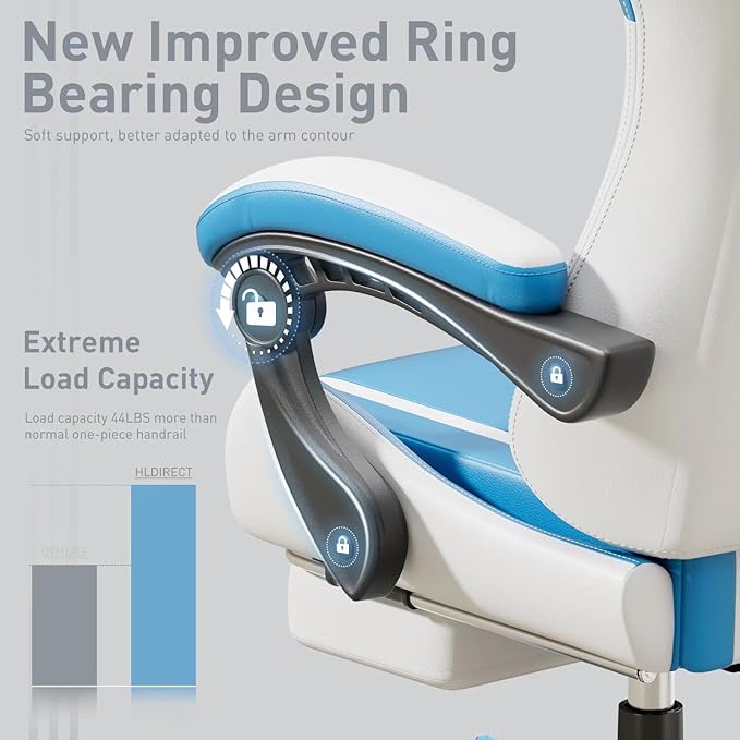 HLDIRECT Gaming Chair, Ergonomic Video Game Seat with 360° Swivel & Lumbar Massage, Computer Chair PU Leather Cushion for Adults Home/Office Use (Whtie & Blue)