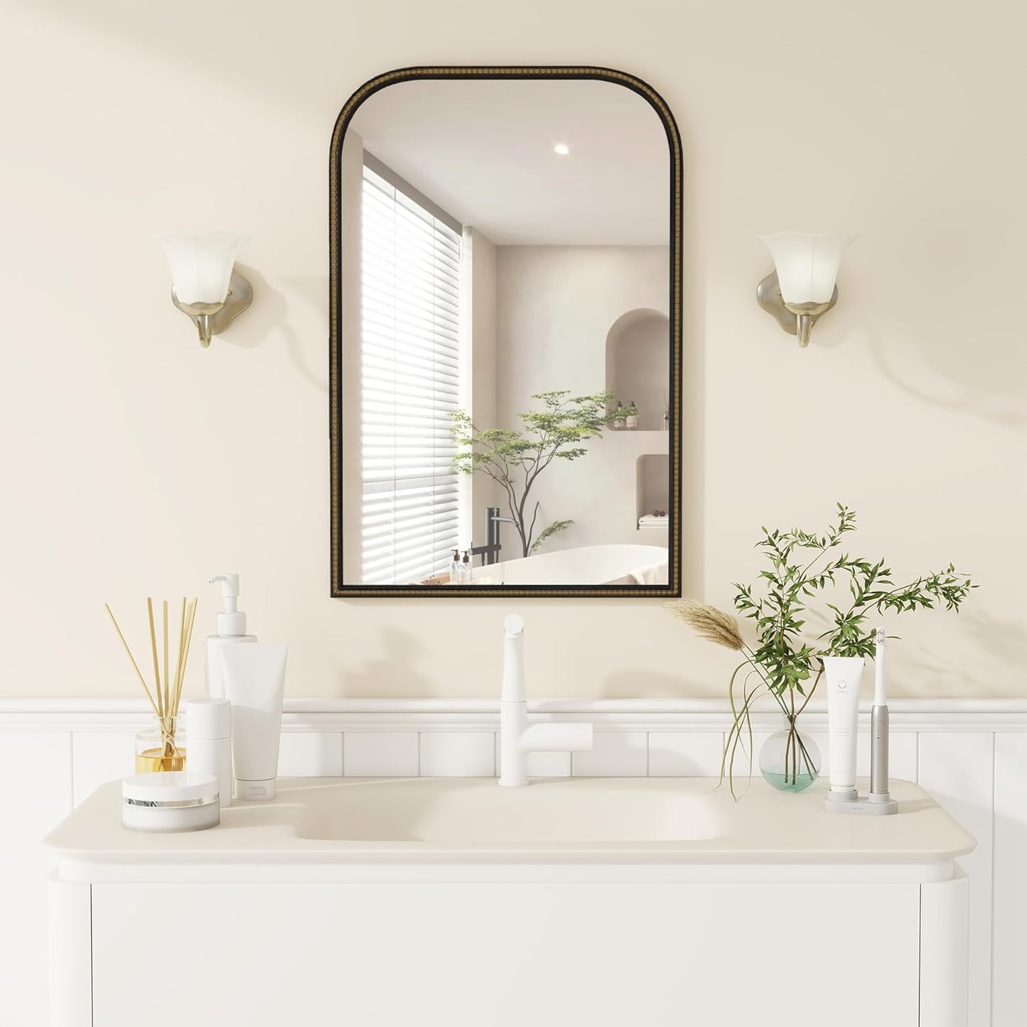 Axeman 22x30 Rounded Rectangular Wall Mirror, Decorative Bathroom Mirror, Traditional Vintage Wall Mounted Mirror with Beaded Frame for Accent Living Room Vanity Bedroom Entryway, Black