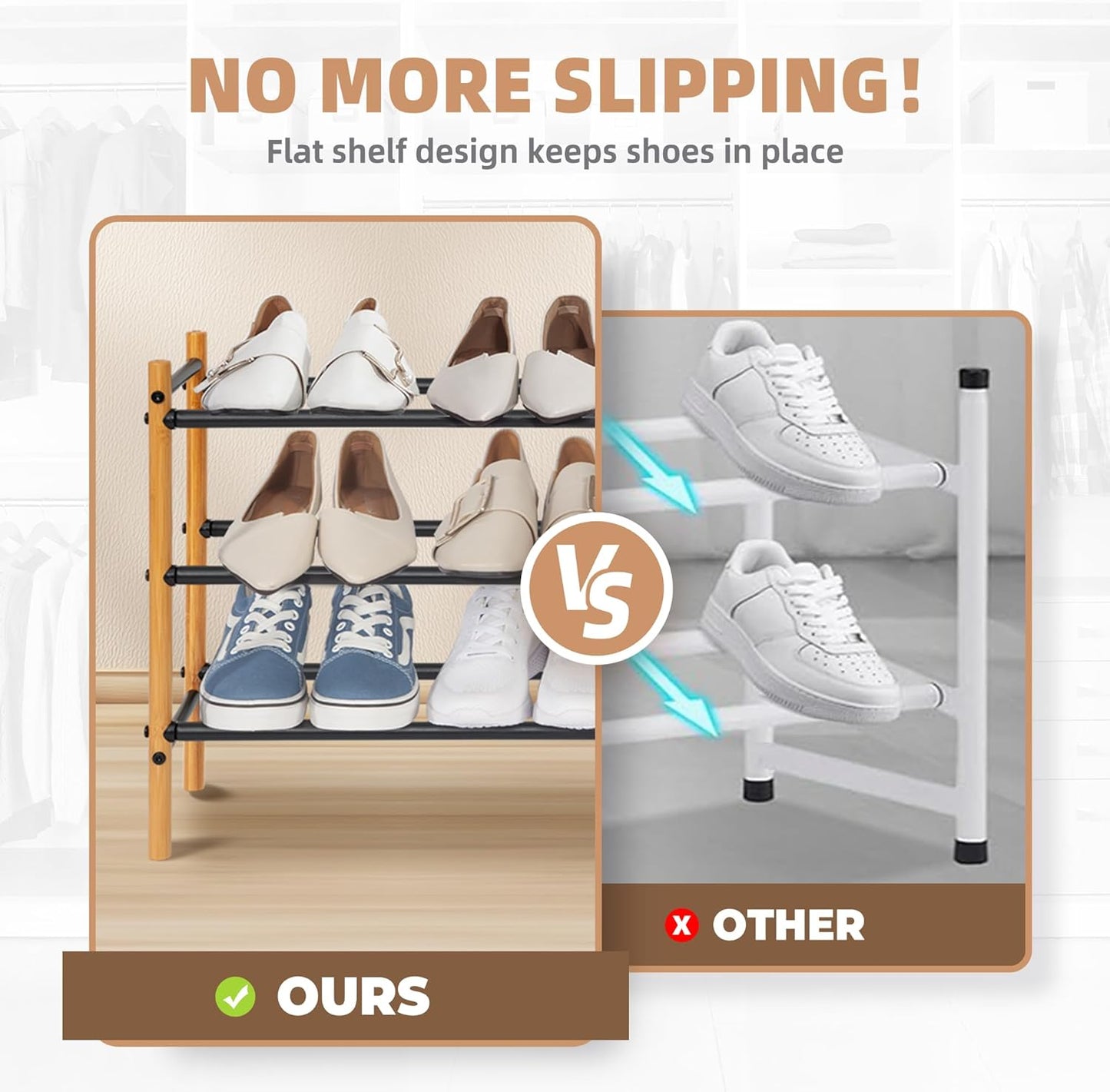 STORAGE MANIAC Expandable Shoe Rack, 16 Pairs Stackable Small Shoe Rack, Metal Adjustable Shoes Organizer for Closet, Entryway, Hallway, Garage, Front Door, Shoes Shelves, Bamboo 4 Tier