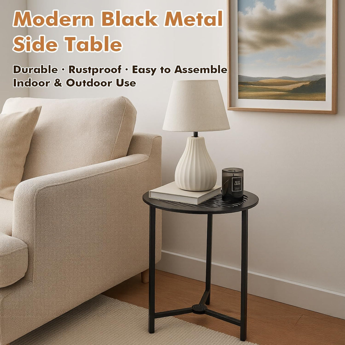 2 Packs 13" Small Metal Side Tables Indoor Black Outside End Table for Outdoor Patio Round Accent Garden Corner Stand for Small Spaces Weather-Resistant Coffee Table for Balcony Porch Plant Stand