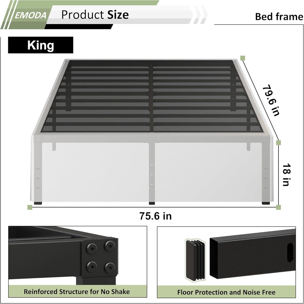 EMODA 18 Inch King Bed Frame with White Fabric Cover, Heavy Duty Metal King Platform Bed Frame No Box Spring Needed, Noise Free, Easy Assembly