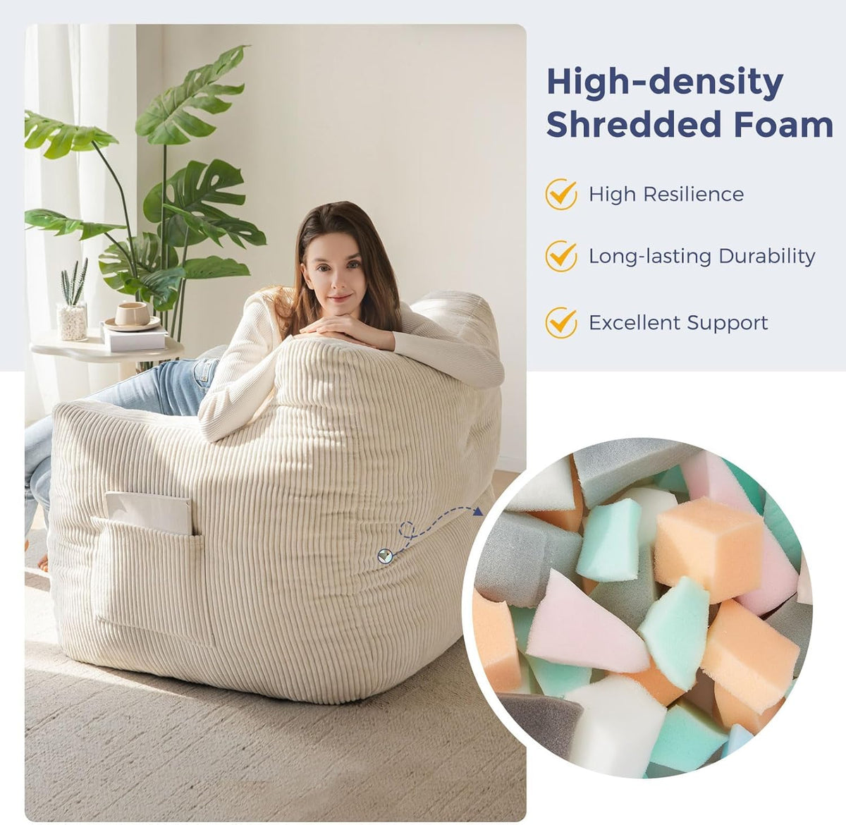 MAXYOYO Bean Bag Chair, Tufted Bean Bag Couch Lazy Chair, Living Room Sofa Couch with Filler for Adult Teens Kids, Corded Fabric Accent Sofa for Bedroom Dorm, Beige