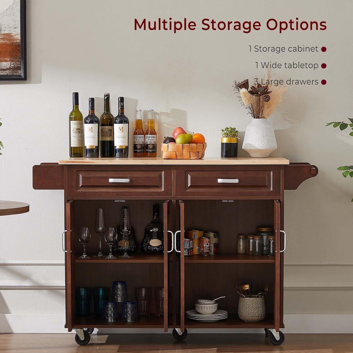 Walnut 54" Rolling Kitchen Island on Wheels, Large Kitchen Cart with Storage Cabinet, Portable Wood Island Table with 2 Drawers and Spice Rack & Towel Rack, Brown