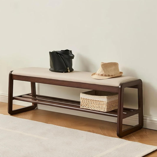 Wooden Shoe Rack Bench - Ottoman Bench with Solid Wood Shelf, Shoe Storage for entryway, end of Bed, Foyer, mudroom