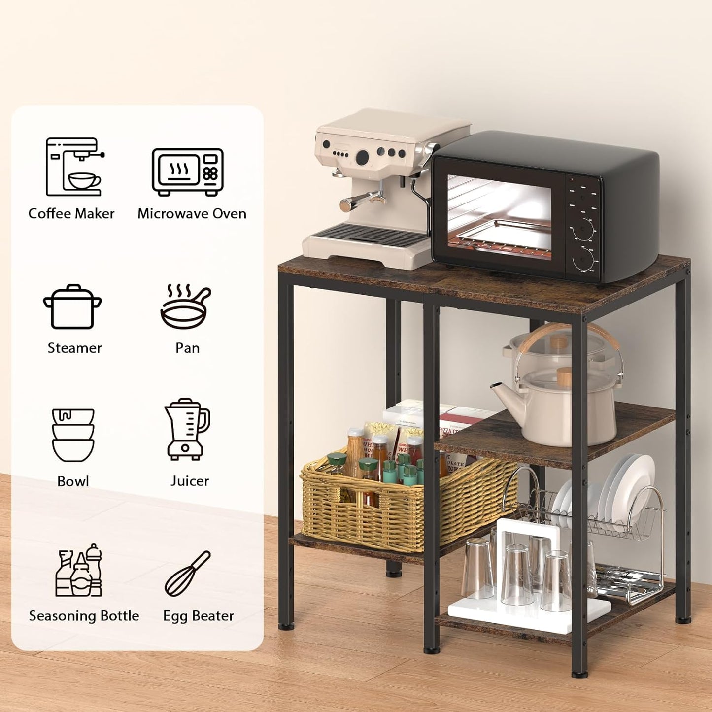 Kitchen Microwave Stand,4-Tier Adjustable Bakers Rack,Multi-Purpose Kitchen Storage Cart for Coffee Station,Space-Saving Metal Appliance Shelf for Living Room,Rustic Brown