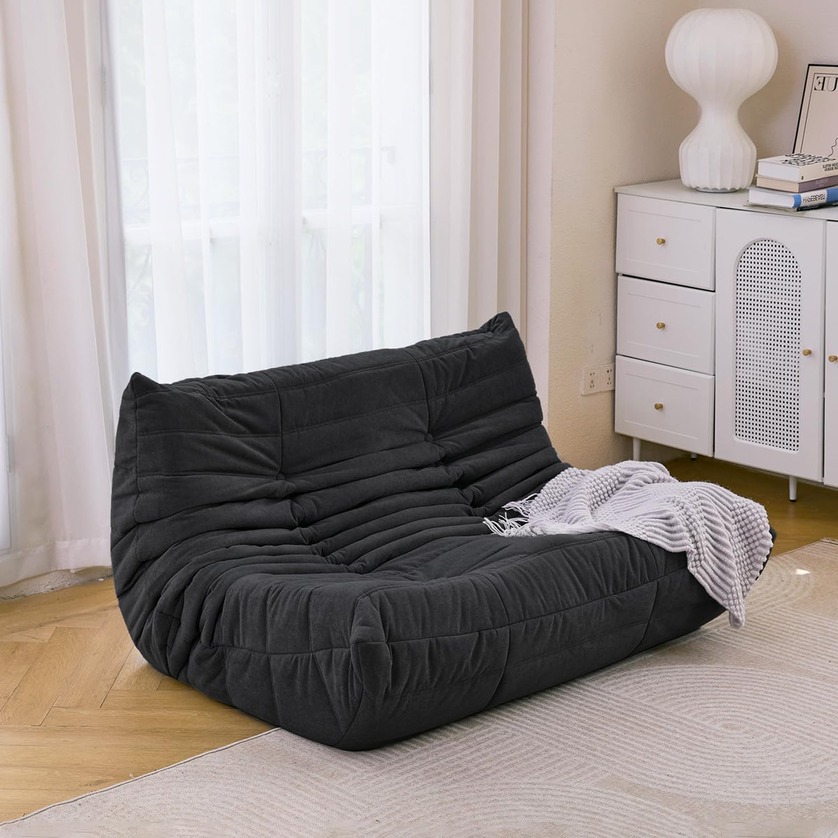 N&V Fireside Mid Century Armless Floor Sofa, Soft Premium Microfiber Lounge Chair, Foam Accent for Living Room Bedroom and Office (Black, Loveseat)