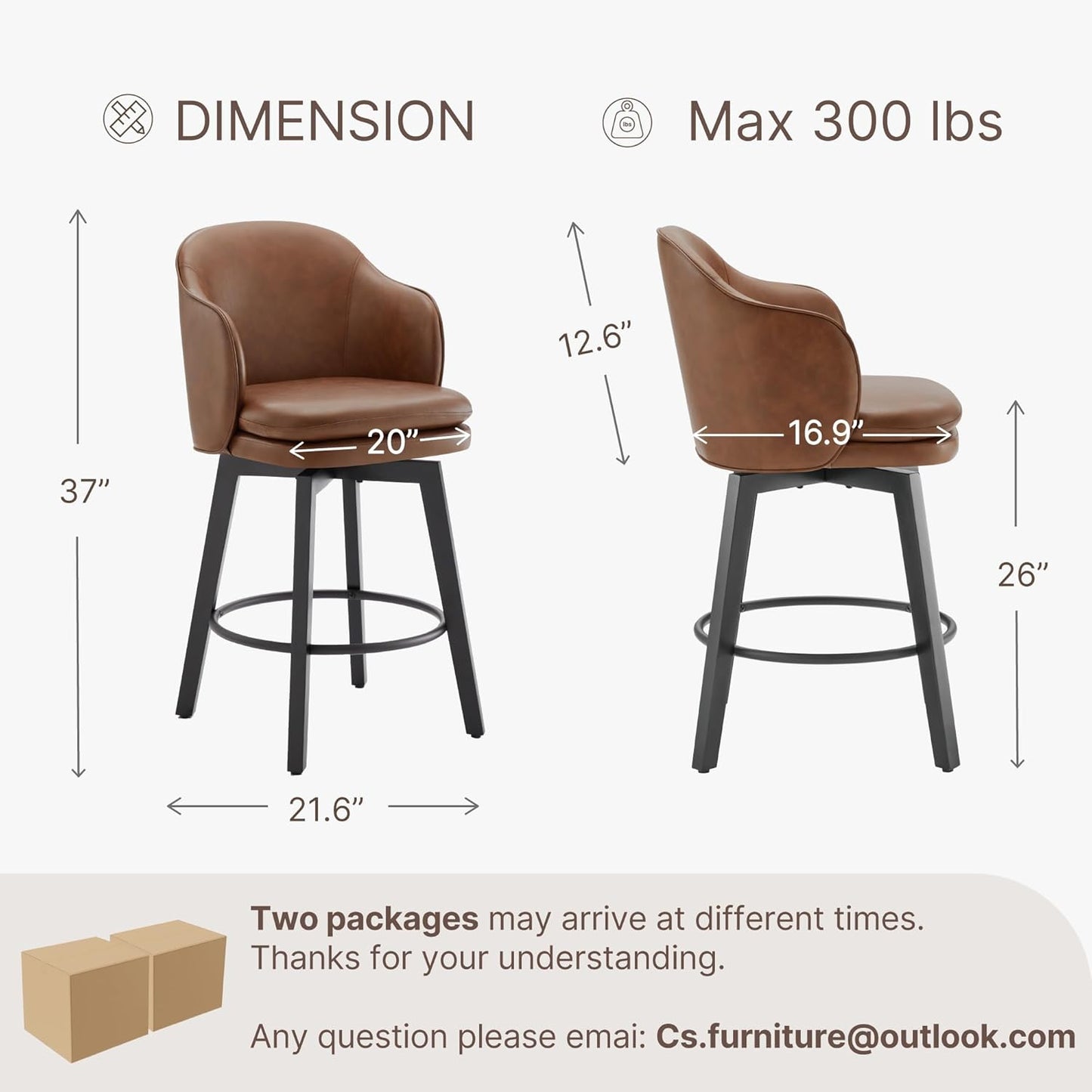 Counter Height Barstools 26 inch Upholstered Swivel Bar Stools with Back and Wood Legs for Kitchen Island,Set of 4,Brown PU Leather