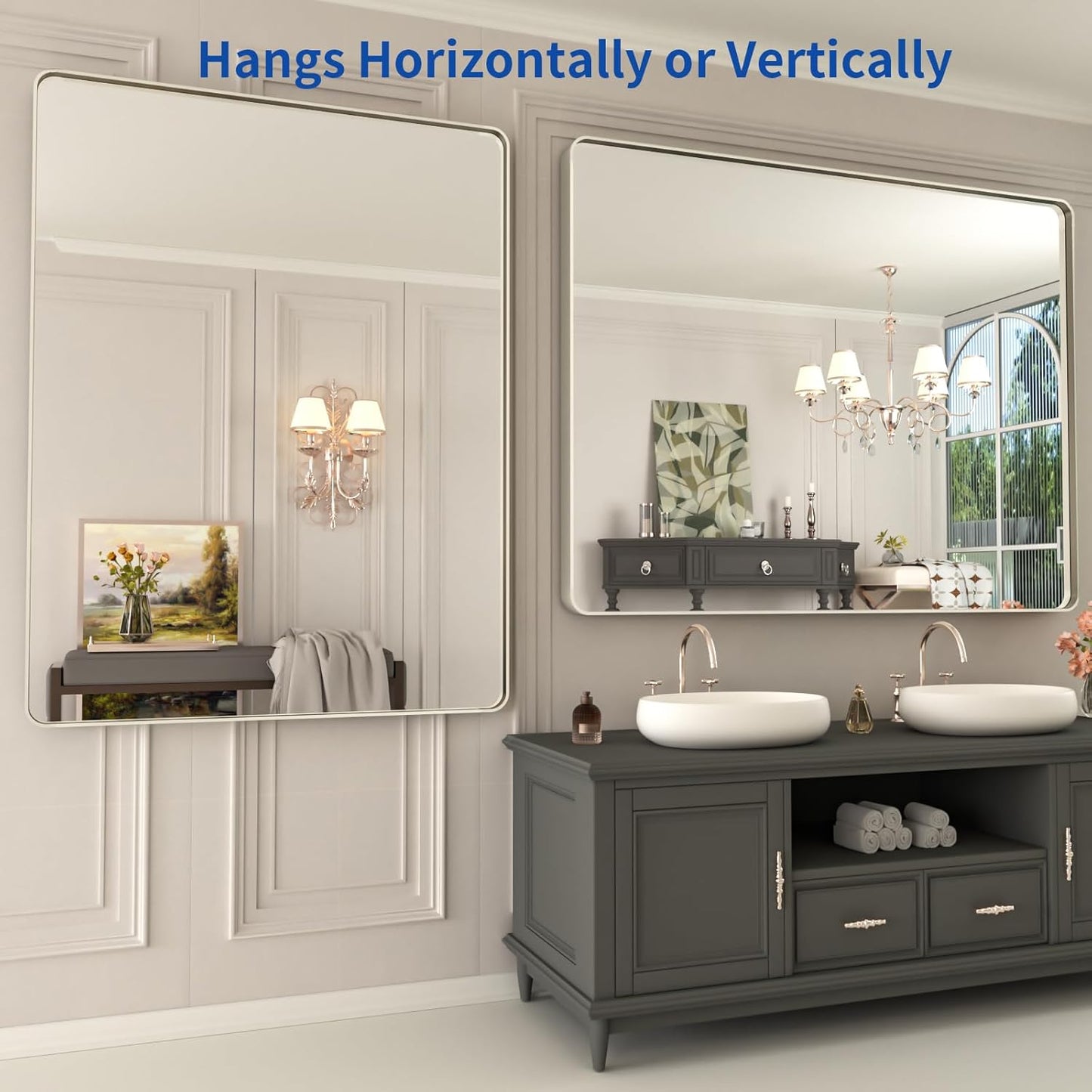 WEER 48X36 Inch Brushed Nickel Bathroom Mirror, Brushed Silver Metal Frame Mirror, Rounded Rectangle Silver Bathroom Vanity Mirror, Tempered Glass, Anti-Rust, Hangs Horizontally or Vertically