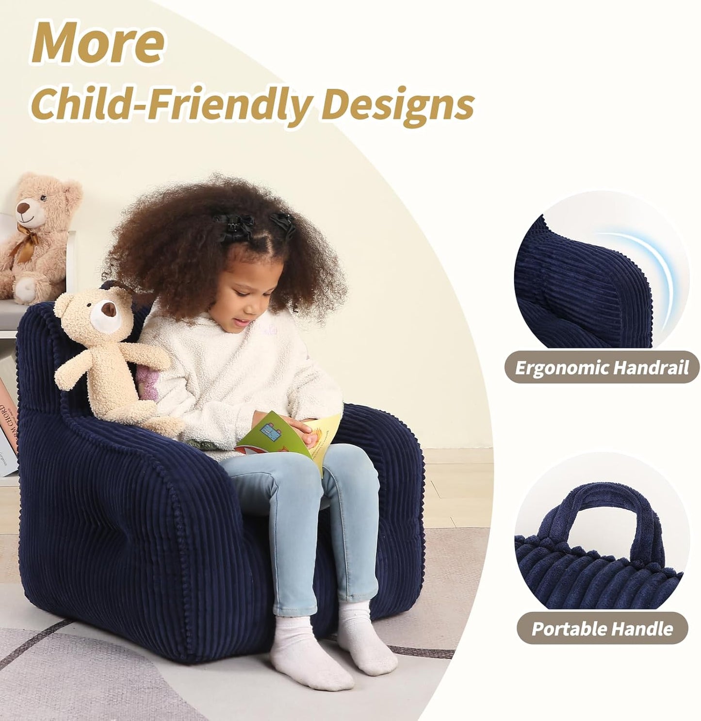 Kids Bean Bag Chair with a Plush Bear, Comfy Toddler Chair for Boys and Girls, Dark Blue