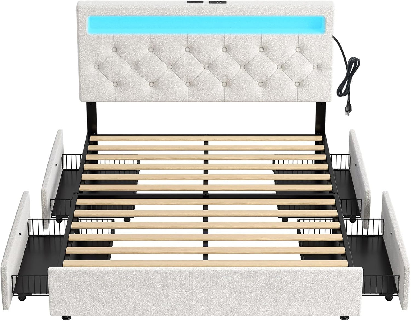 Rolanstar Full Size Bed Frame with 4 Storage Drawers and Charging Station, Full Bed with Led Lights, 2 USB & 1 Type C, Adjustable Headboard 38.9/40.10 Inches, No Box Spring Needed, White