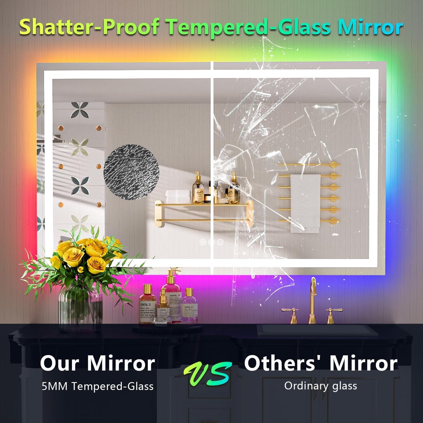 51x40 Inch RGB LED Bathroom Mirror Front Light and RGB Backlit Lighted Vanity Mirror for Bathroom Wall Mounted Dimmable Anti Fog Memory Shatter-Proof IP54 Waterproof Horizontal/Vertical