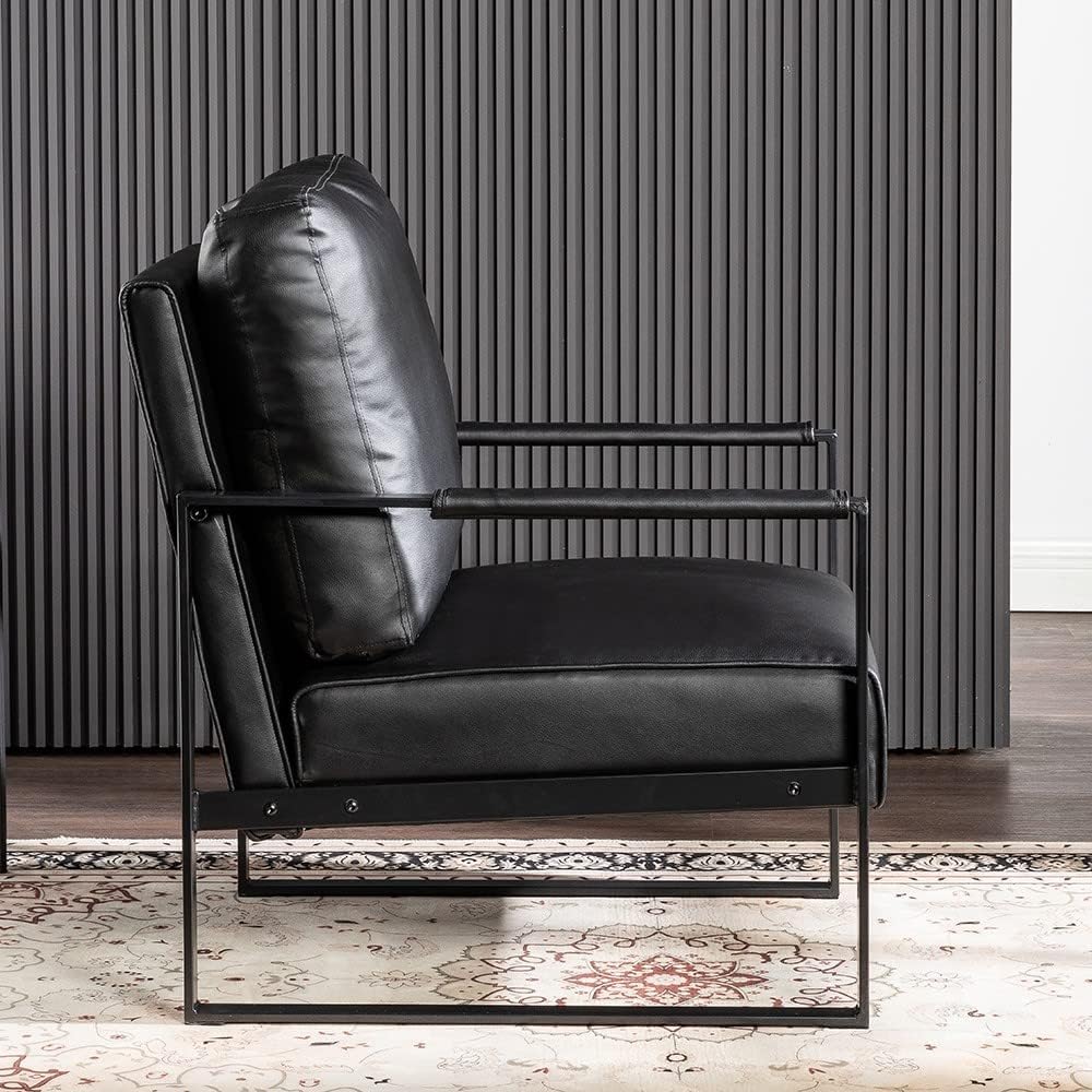 Container Furniture Classic Mid Century Modern Accent Chair with Durable Square Metal Frame, Armchair for Living Room, Bedroom, Home Office in Spotted Microfiber Upholstery, Black -PU Leather
