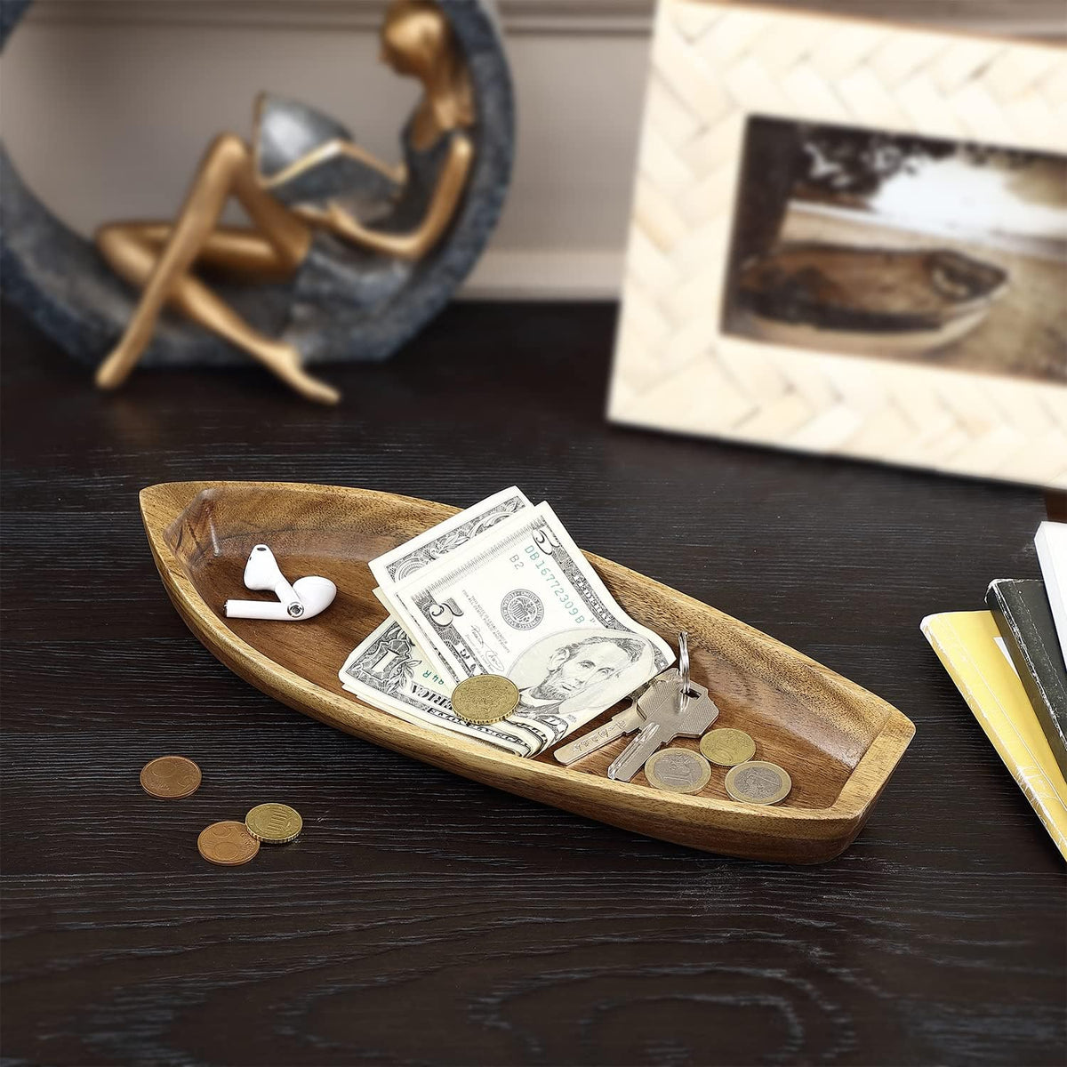Lucky Boat Serving Tray, Acacia Solid Wood Boat Shape Plate for Serving Desserts, Fruit, Snack and Seafood or House Ornament,Key Tray,Functional and Storage Decorative Bowl。 (S)