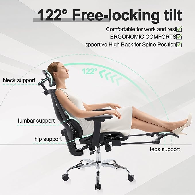 High Back Mesh Office Chair with Footrest，Ergonomic Office Chair w/ 3D Lumbar Support，Comfy Home Office Desk Chair for Work & Computer Gaming, 400LBS, Black