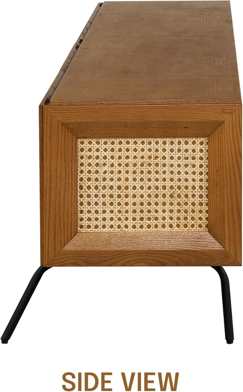 NTC Mossic TV Media Cabinet with 4 Doors for TVs, Entertainment Center with Natural Rattan, Metal Legs, Modern Storage Console for Living Room and Bedroom, Effortless Assembly, Rustic Oak